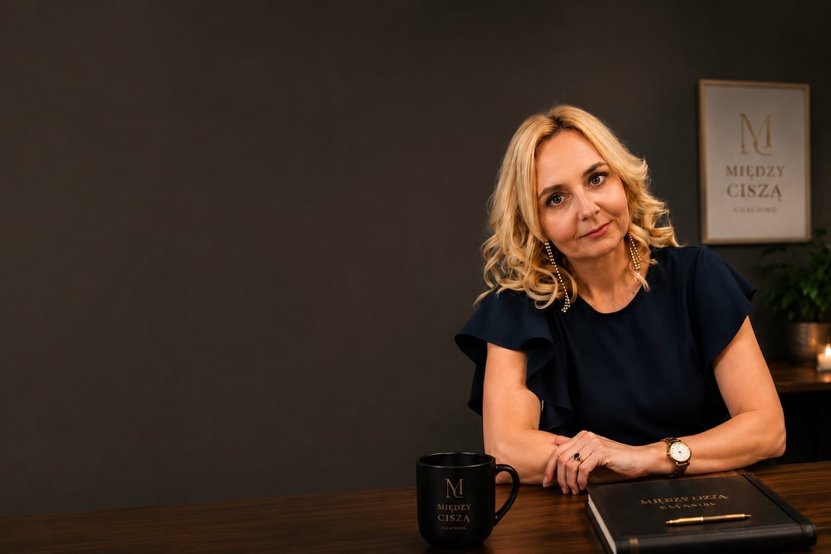 Magdalena Niesterczuk — profesjonalna kobieta w granatowej bluzce siedząca przy biurku z kubkiem i notatnikiem